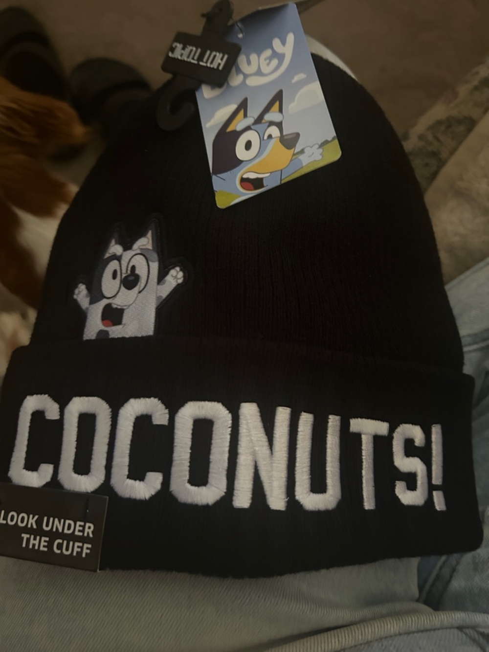 Black 'Coconuts!' Knit Beanie with Cartoon Patch